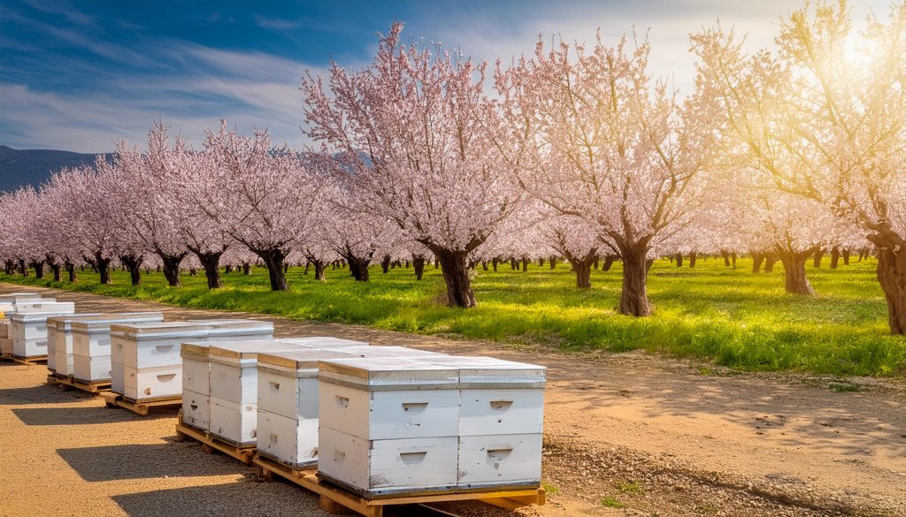 Commercial hives in an almond orchard.